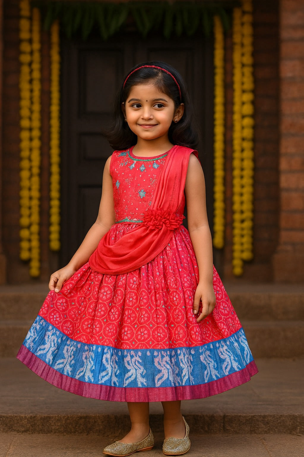 Girls Patola Print Sequin Embroidered Sleeveless Ethnic Dress