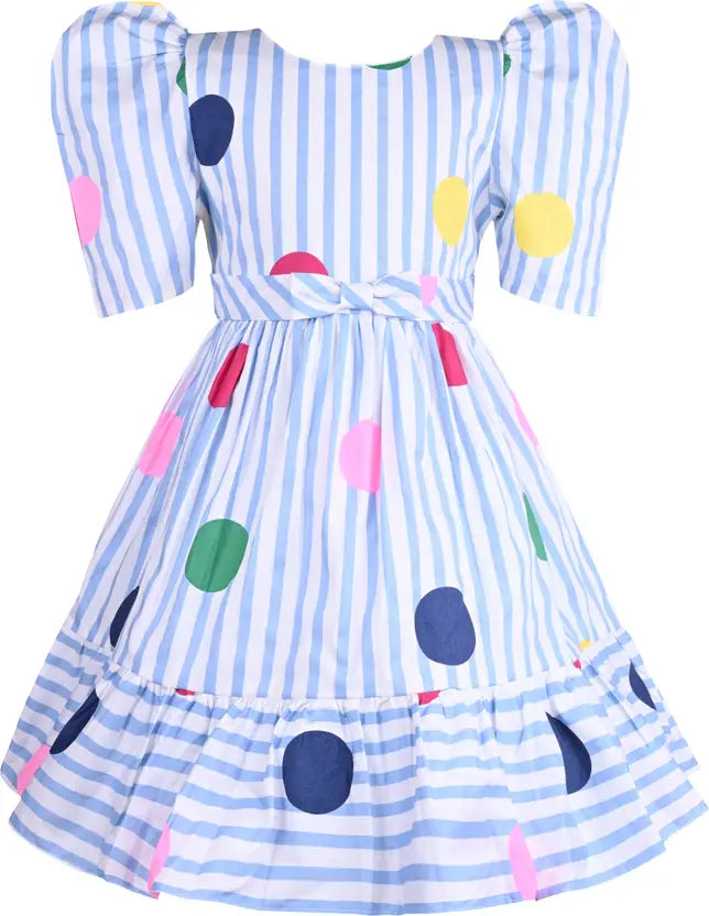 Girls Cotton Striped Polka Print Summer Dress