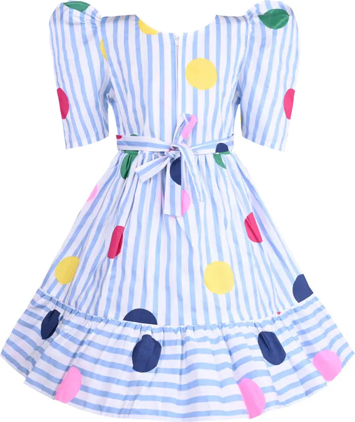 Girls Cotton Striped Polka Print Summer Dress