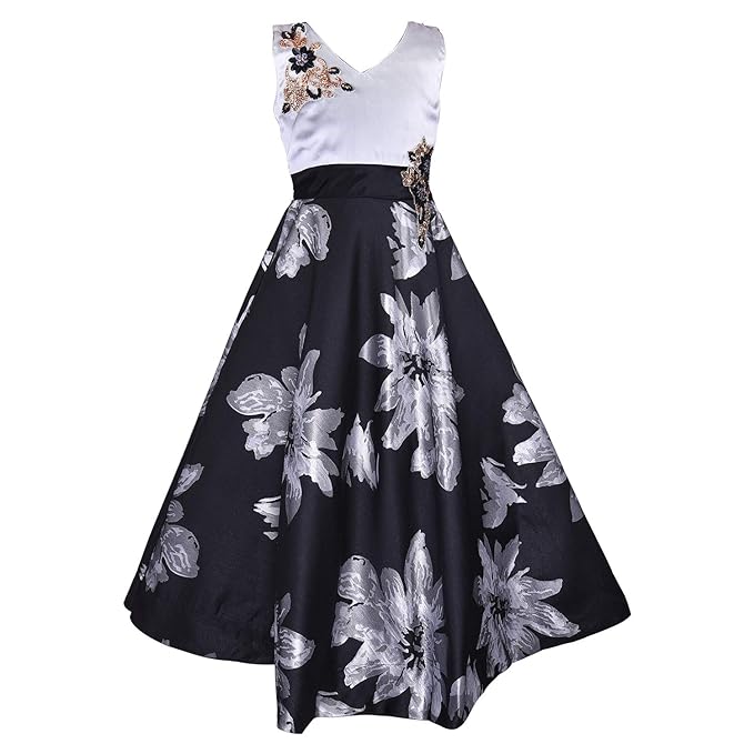 Girls Floral Printed Embellished Maxi Dress With Cape