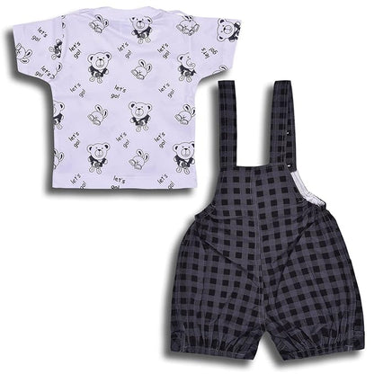 Boys White and Blue Printed Dungaree Set