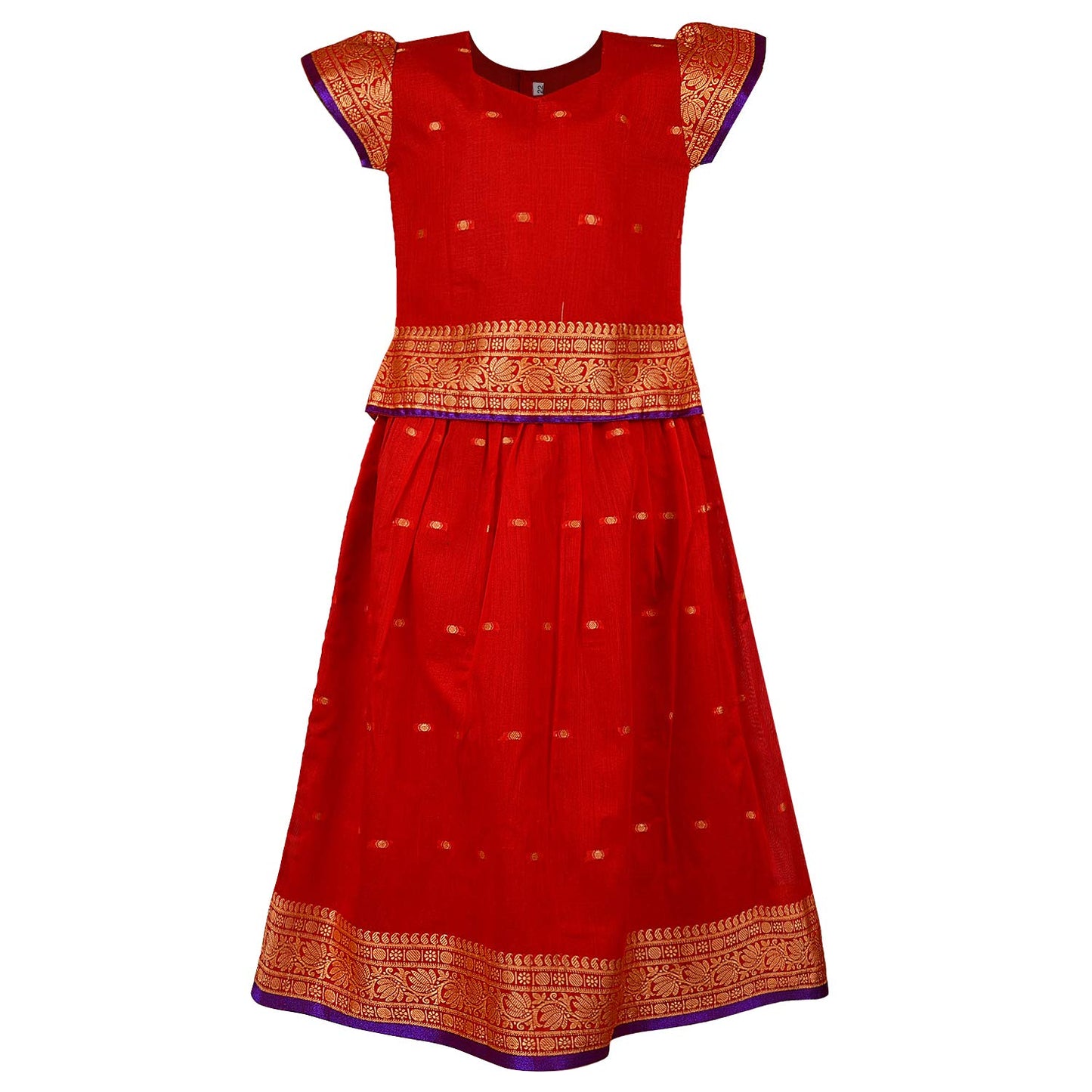 Girls Zari Woven Pattu Pavadai Choli Skirt Set