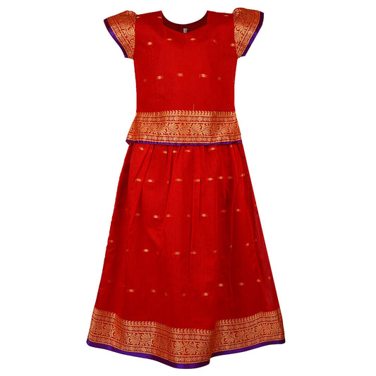 Girls Zari Woven Pattu Pavadai Choli Skirt Set