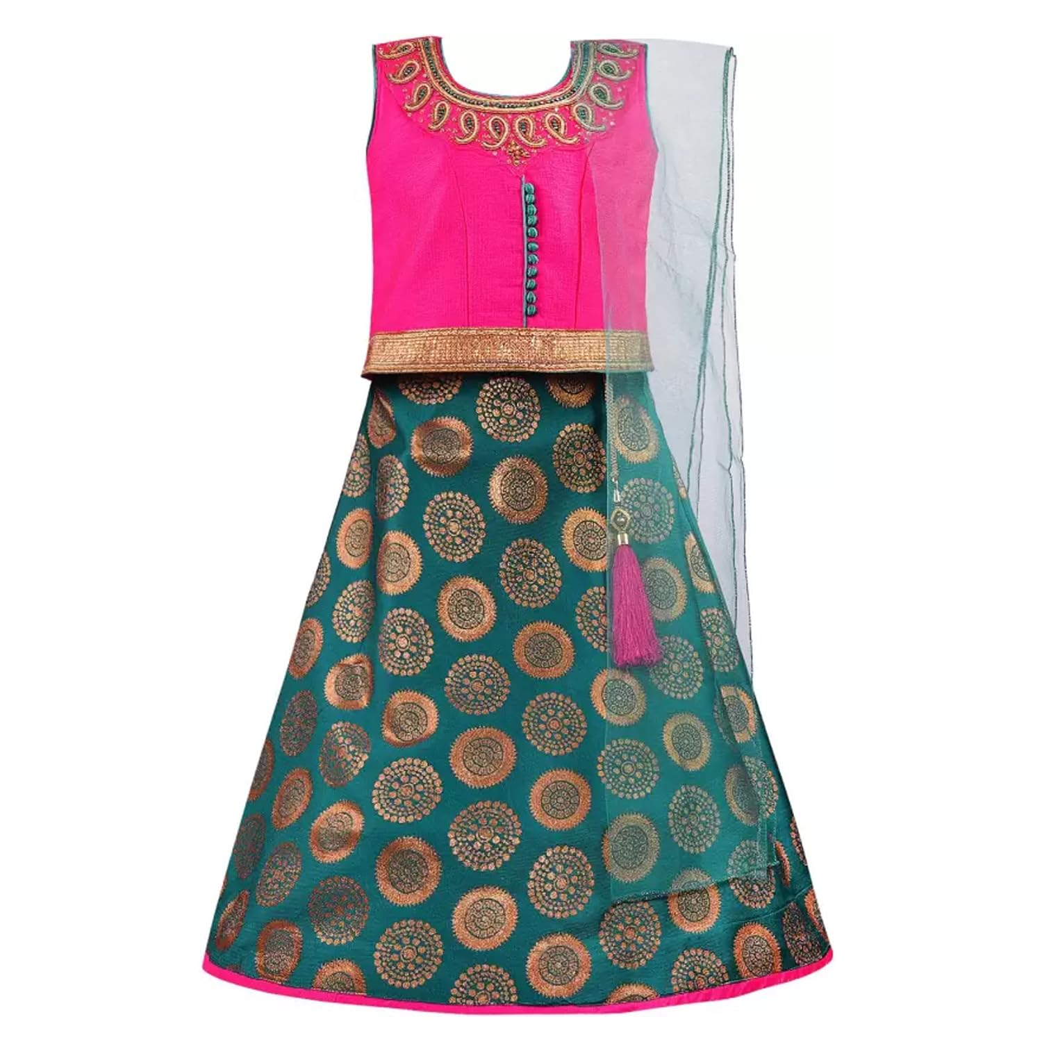Girls Maroon & Beige Jacquard booti Lace Work Choli Lehenga With Dupatta