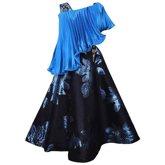 Girls Floral Printed Embellished Maxi Dress With Cape