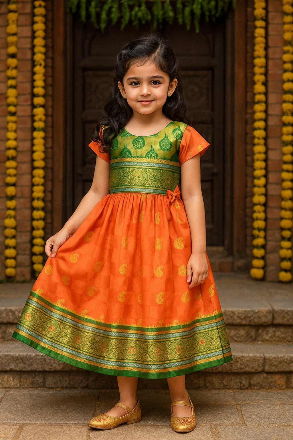 Girls Woven Zari Short Sleeve Round Neck Ethnic Dress