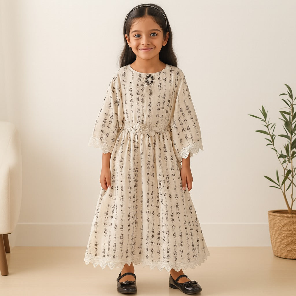 Girls Kaftan Style Casual Dress with Lace Embellishment