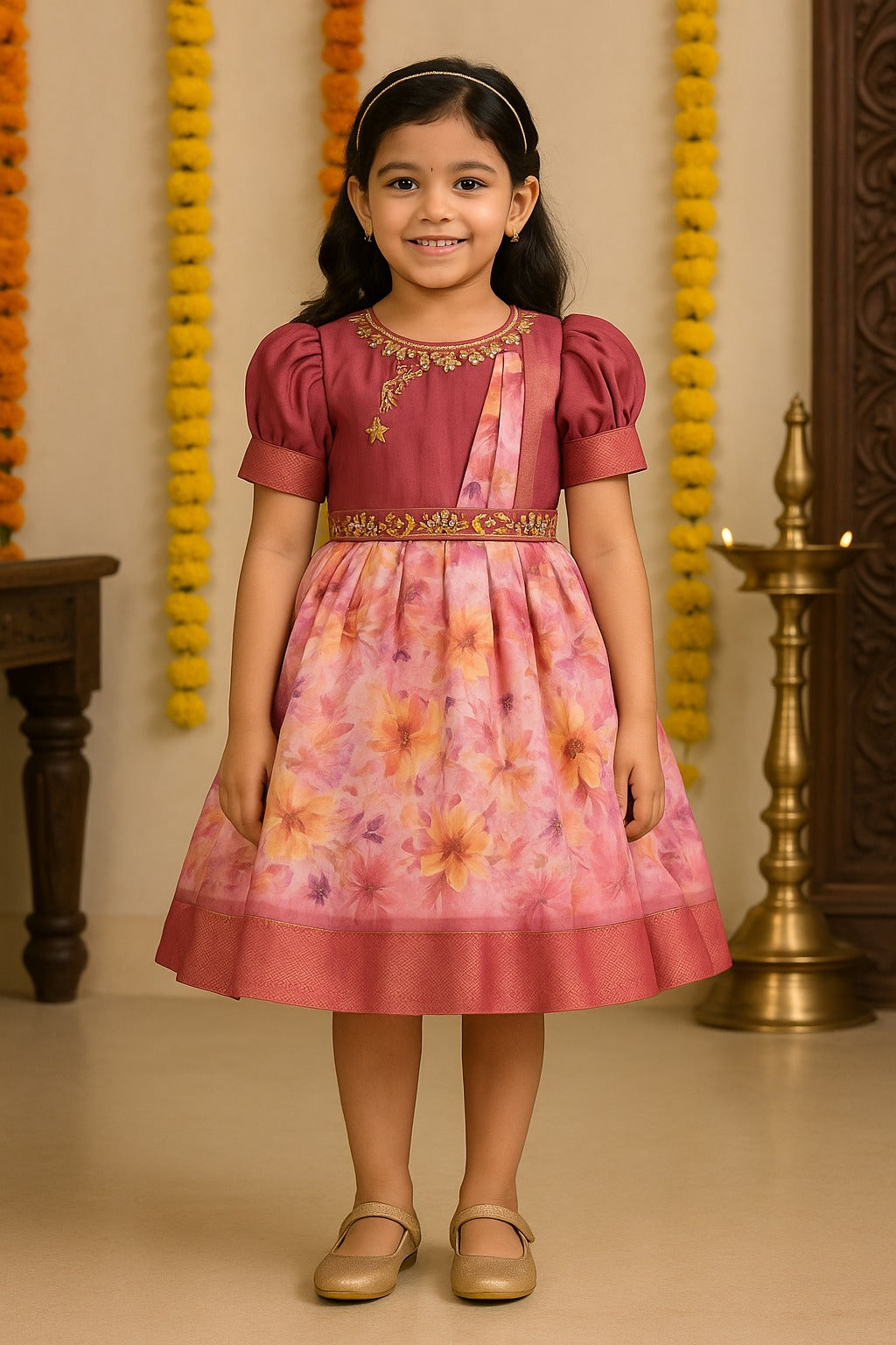 Girls Floral Print Bead Embellished Stylish Ethnic Dress