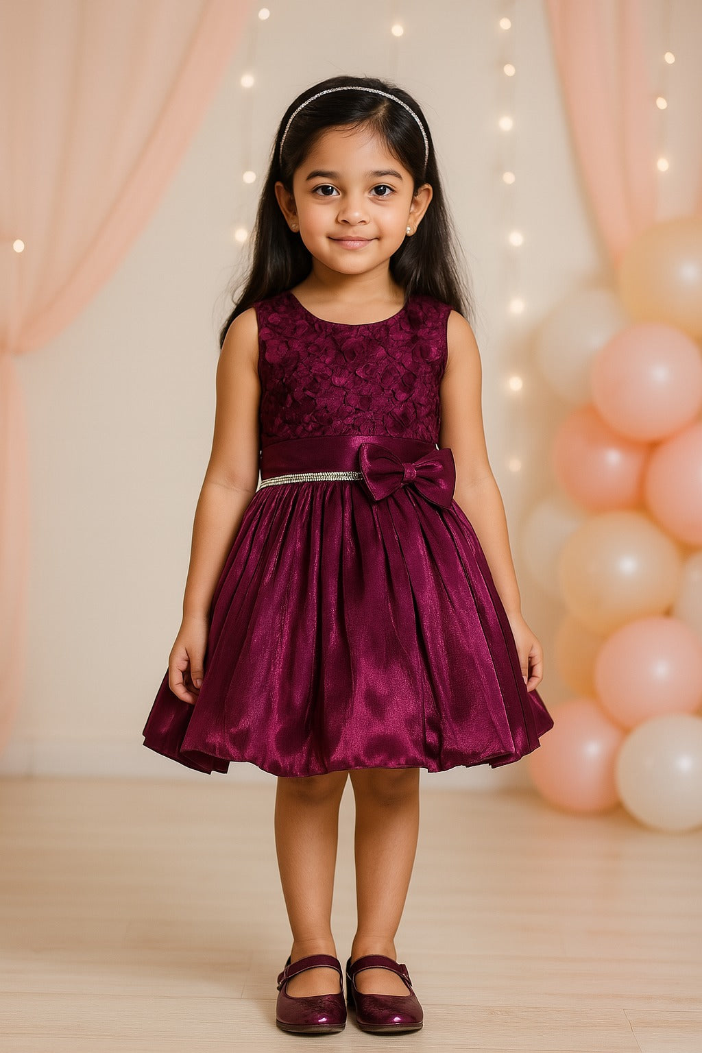 Girls Knee Length Satin Solid Party Dress