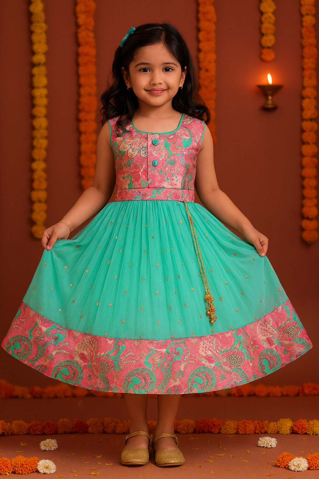 Girls Floral Design Sequin Flared Dress