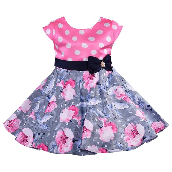 Girls Floral Printed A-line Summer Dress with Polka Dots