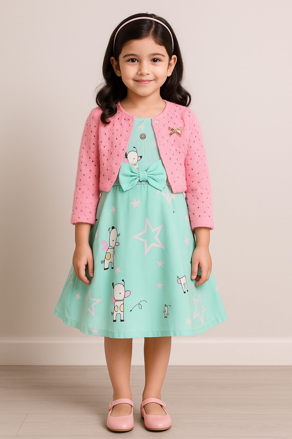 Girls Full Sleeve Animal Print Fit and Flare Frock Dress