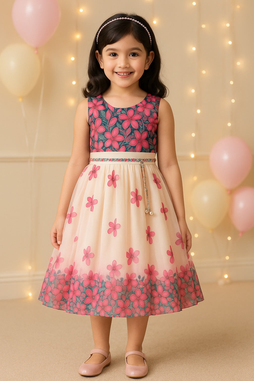 Girls Floral Print Bead Embellished Flared Party Dress