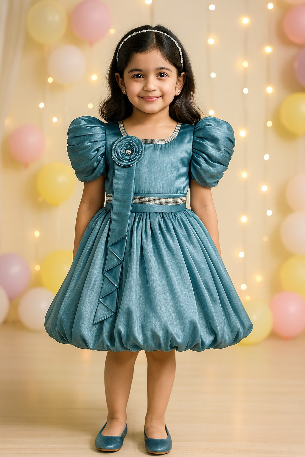 Rhinestone Floral Embellished Balloon Party Dress