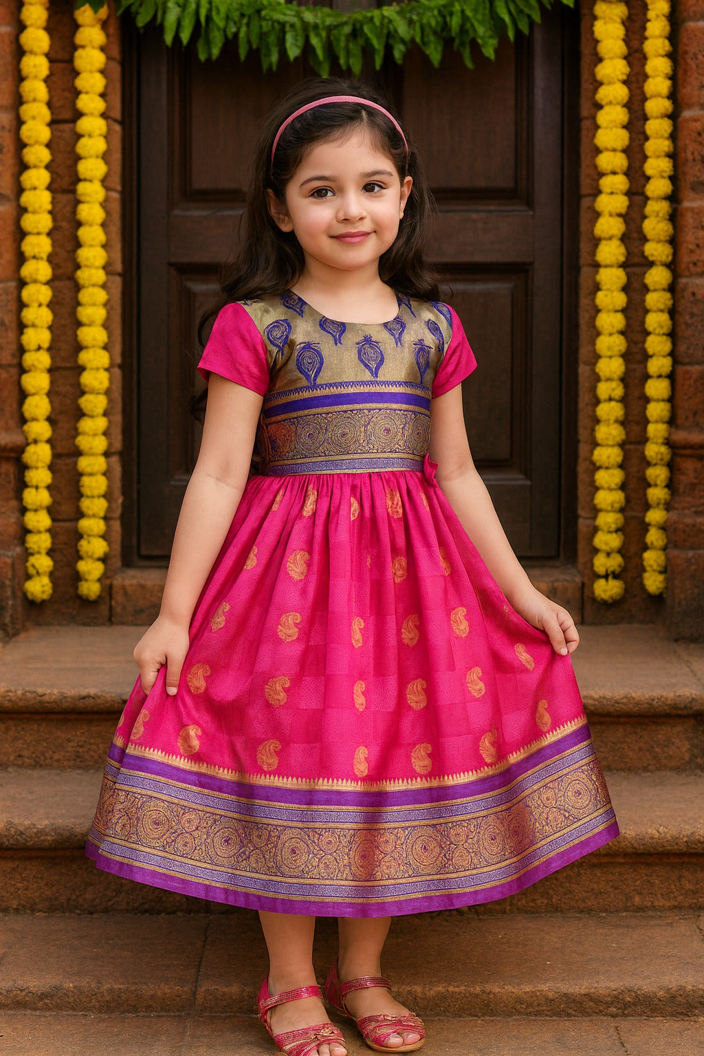 Girls Woven Zari Short Sleeve Round Neck Ethnic Dress