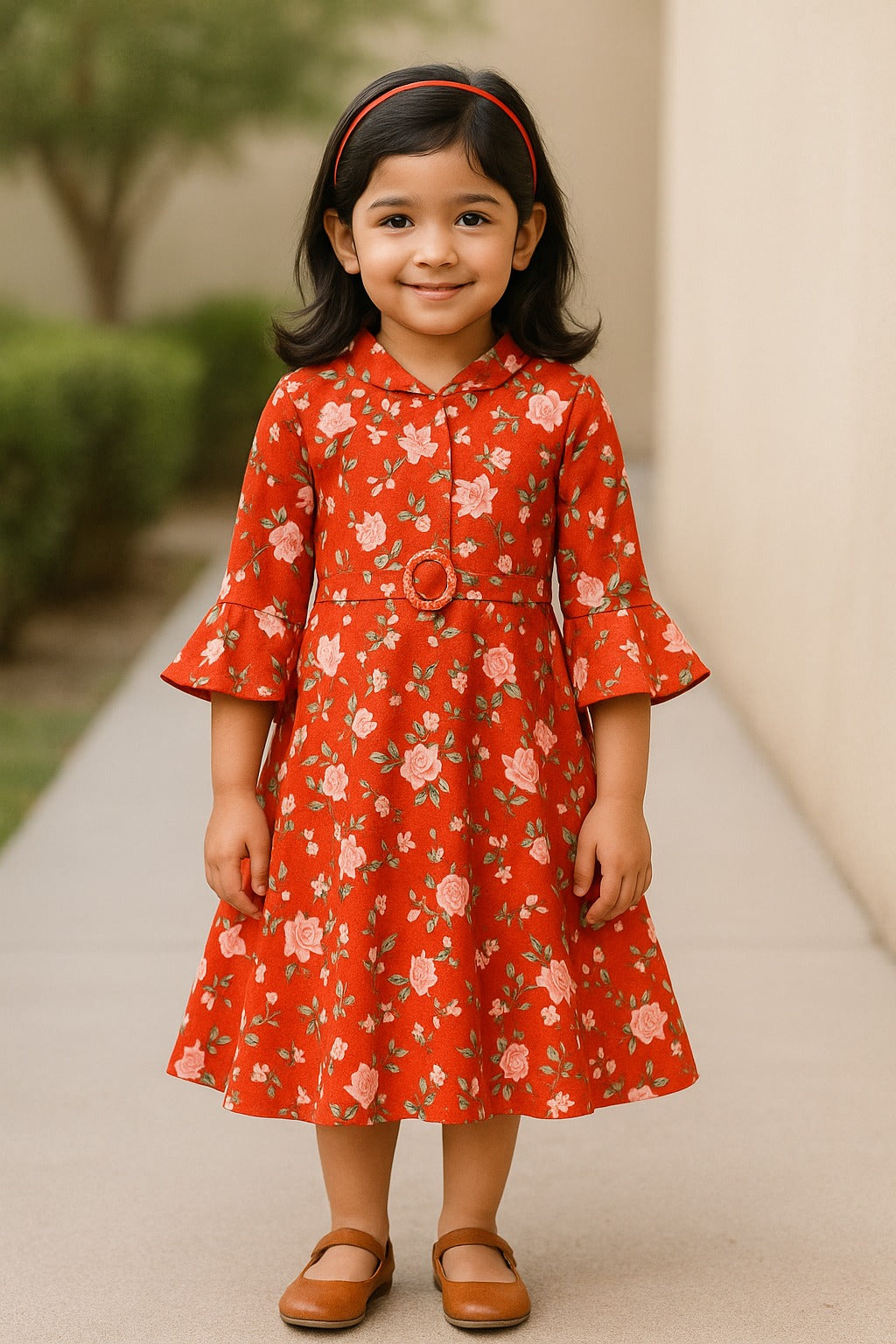 Girls Bell Sleeve Floral Print Fit and Flare Frock Dress