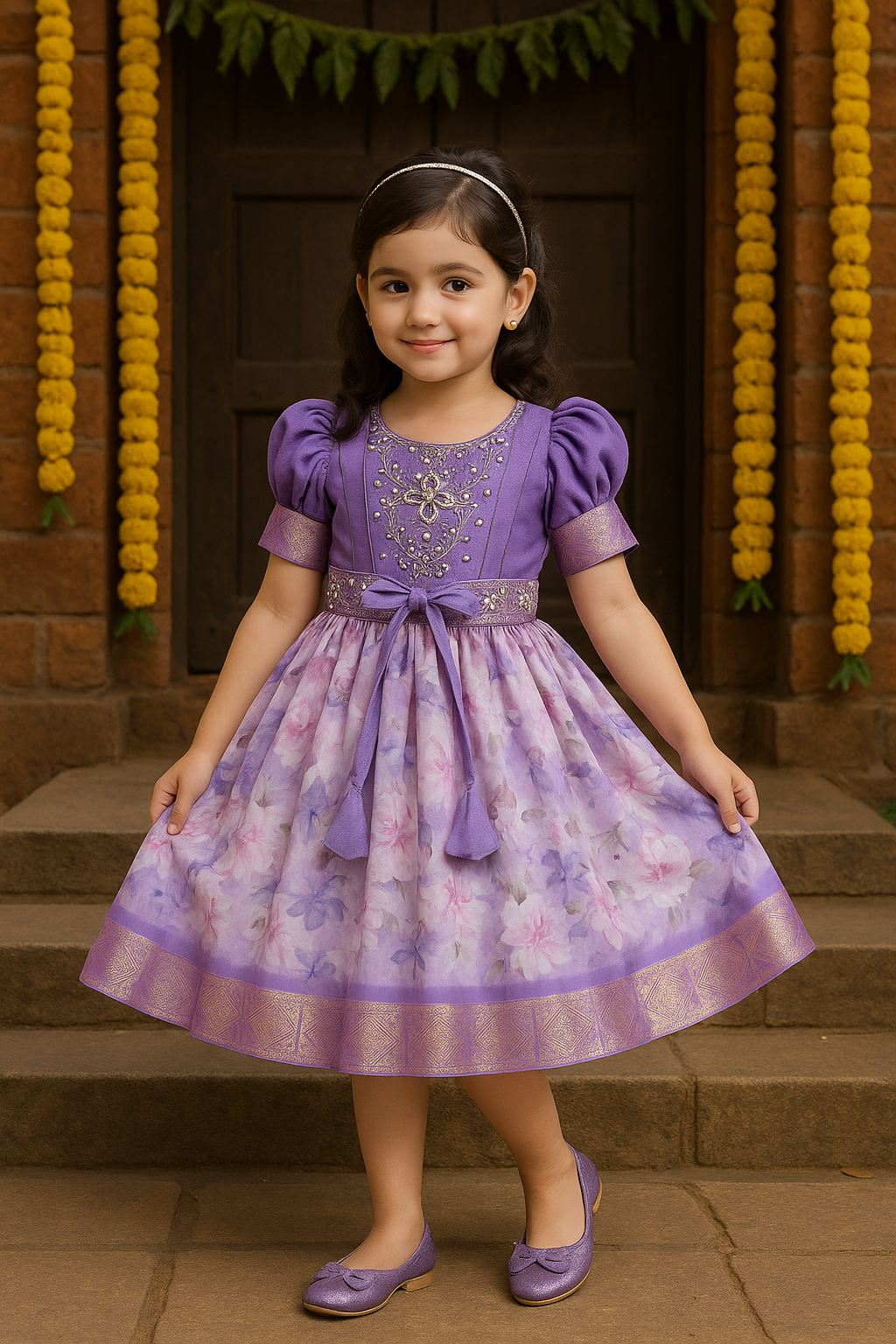 Girls Bead Embellished Zari Border Ethnic Dress