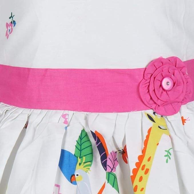 Girls White Jungle Print Cotton Sleeveless Dress with Pink Waist Belt