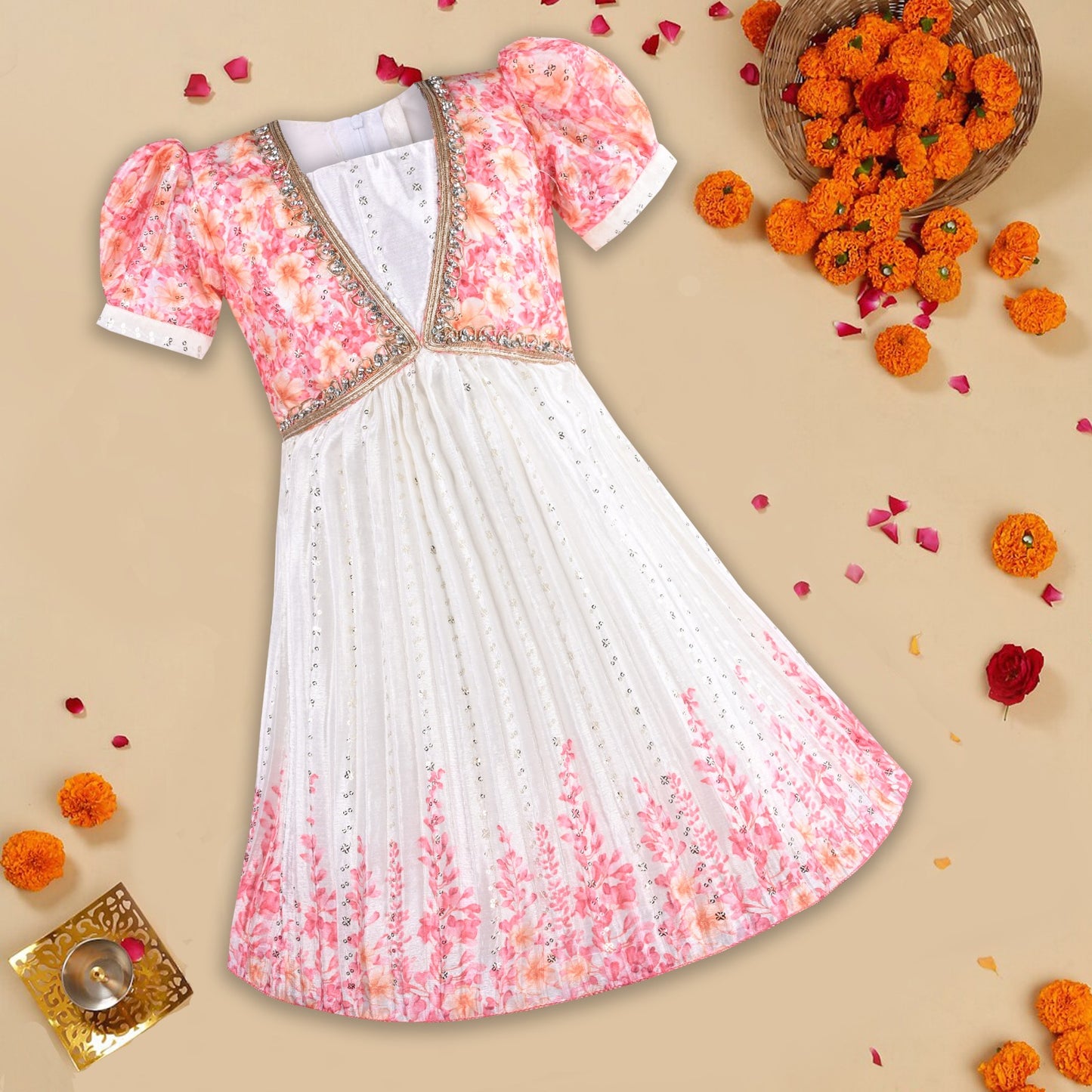 Baby Girls Floral Print Embellished Ethnic Frock Dress - Onam Special