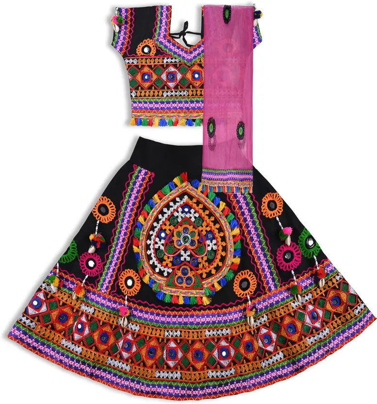 Girls Ethnic Wear Embroidered Cotton Ghagra Choli Dupatta Set