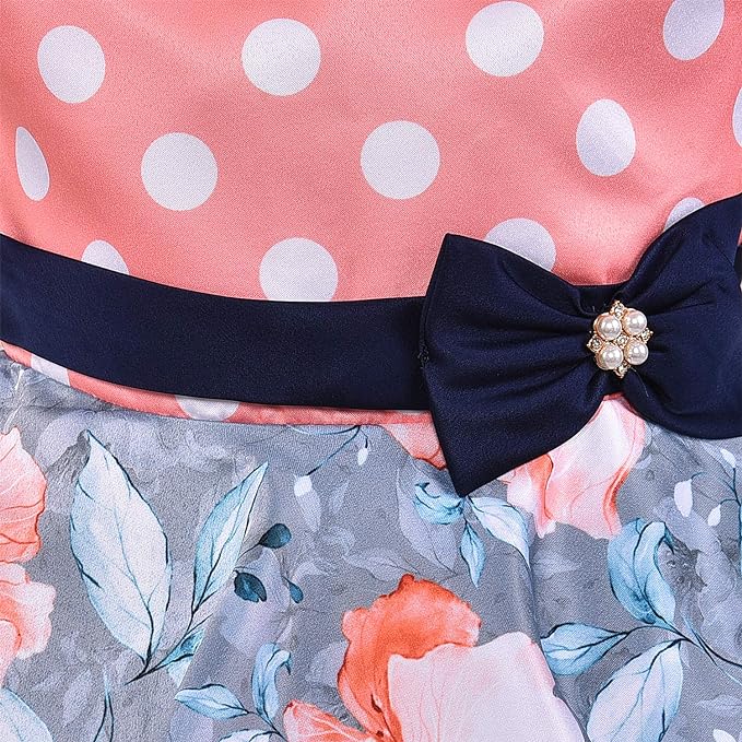 Girls Floral Printed A-line Summer Dress with Polka Dots