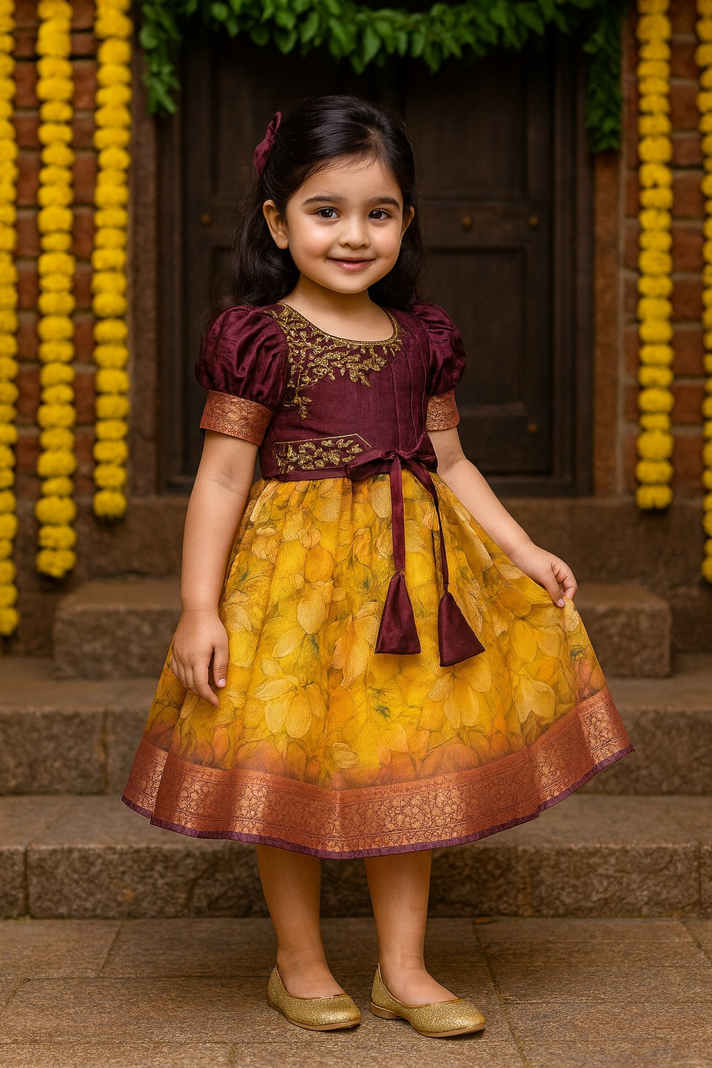 Girls Bead Embellished Floral Zari Ethnic Dress fep3529