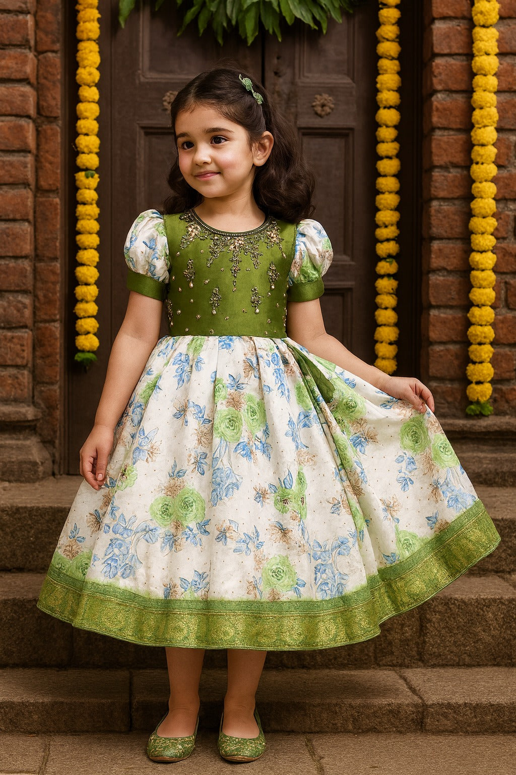 Girls Floral Printed Bead Embellished Ethnic Dress