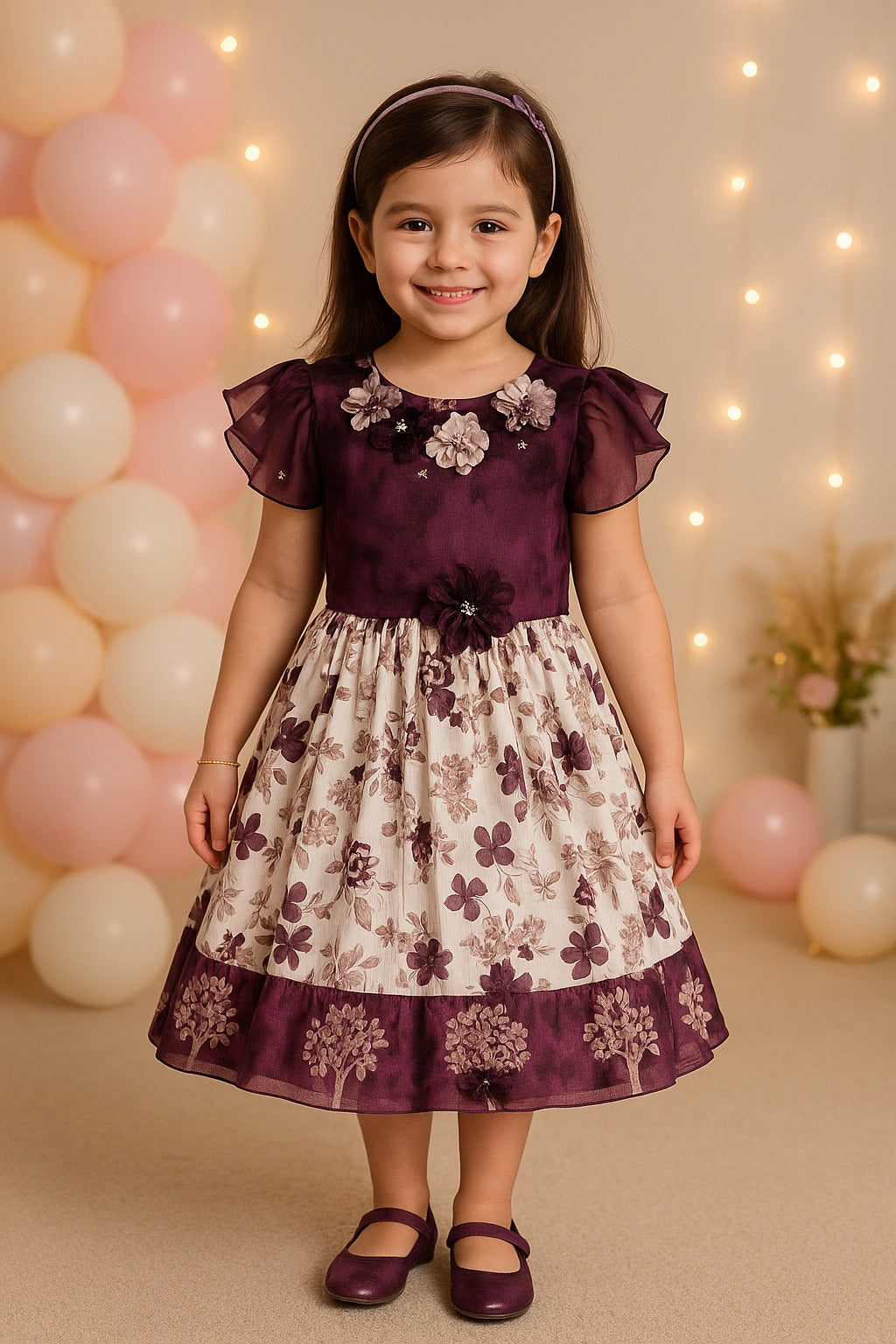 Girls Floral Embellished Printed Party Dress