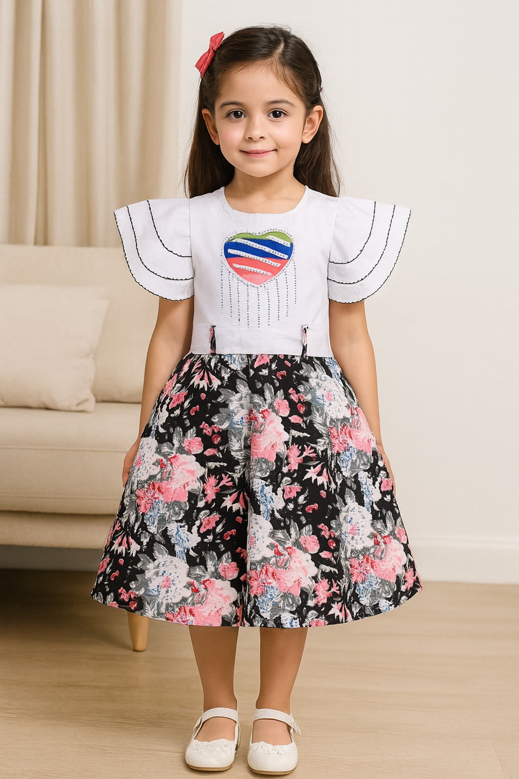 Girls Floral Print with Embellished Heart Print Casual Dress