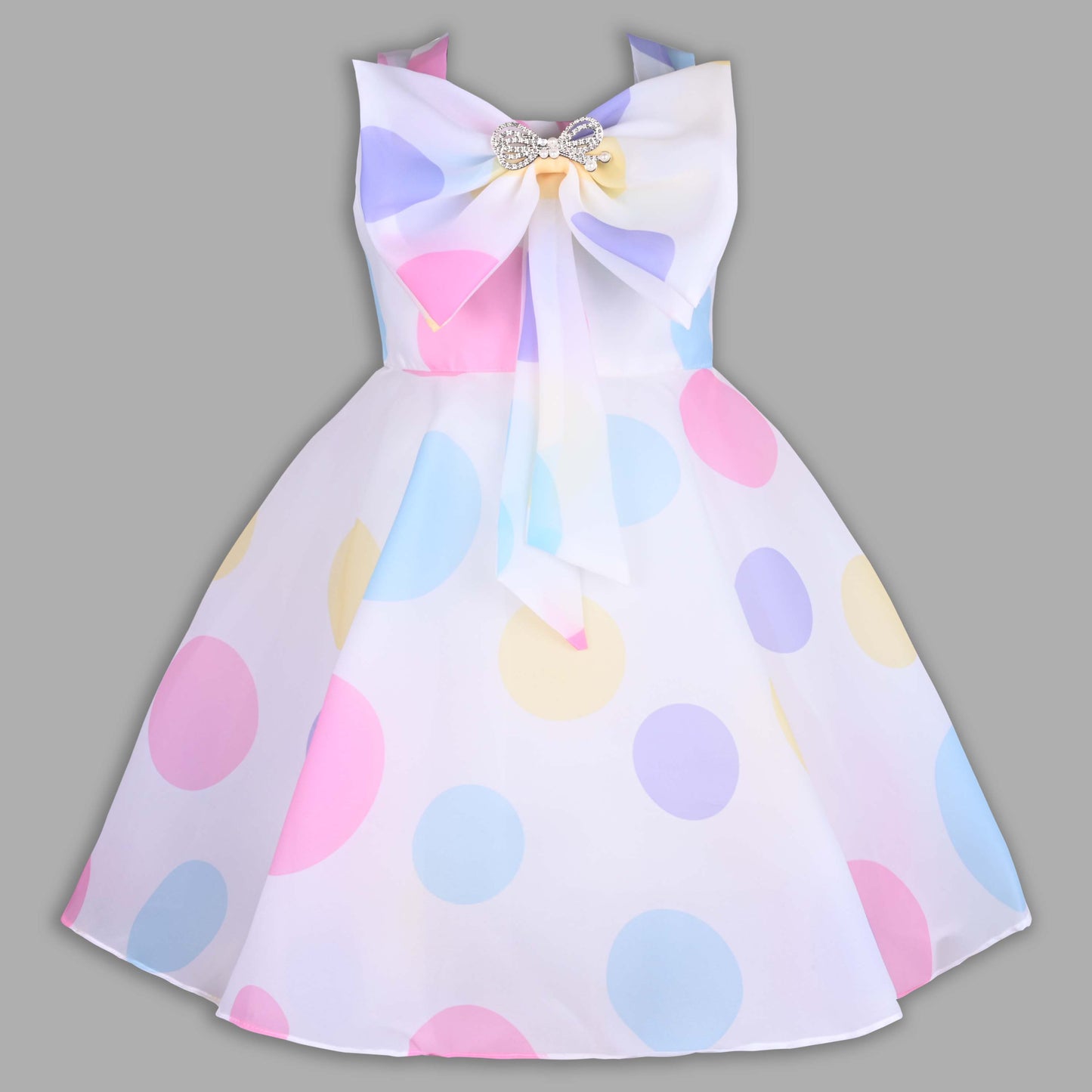 Girls Pastel Polka Print Elegant Bow Party Dress