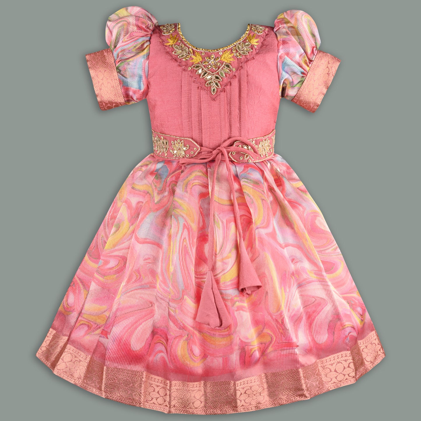 Girls Floral Bead Embellished Puff Sleeve Ethnic Dress