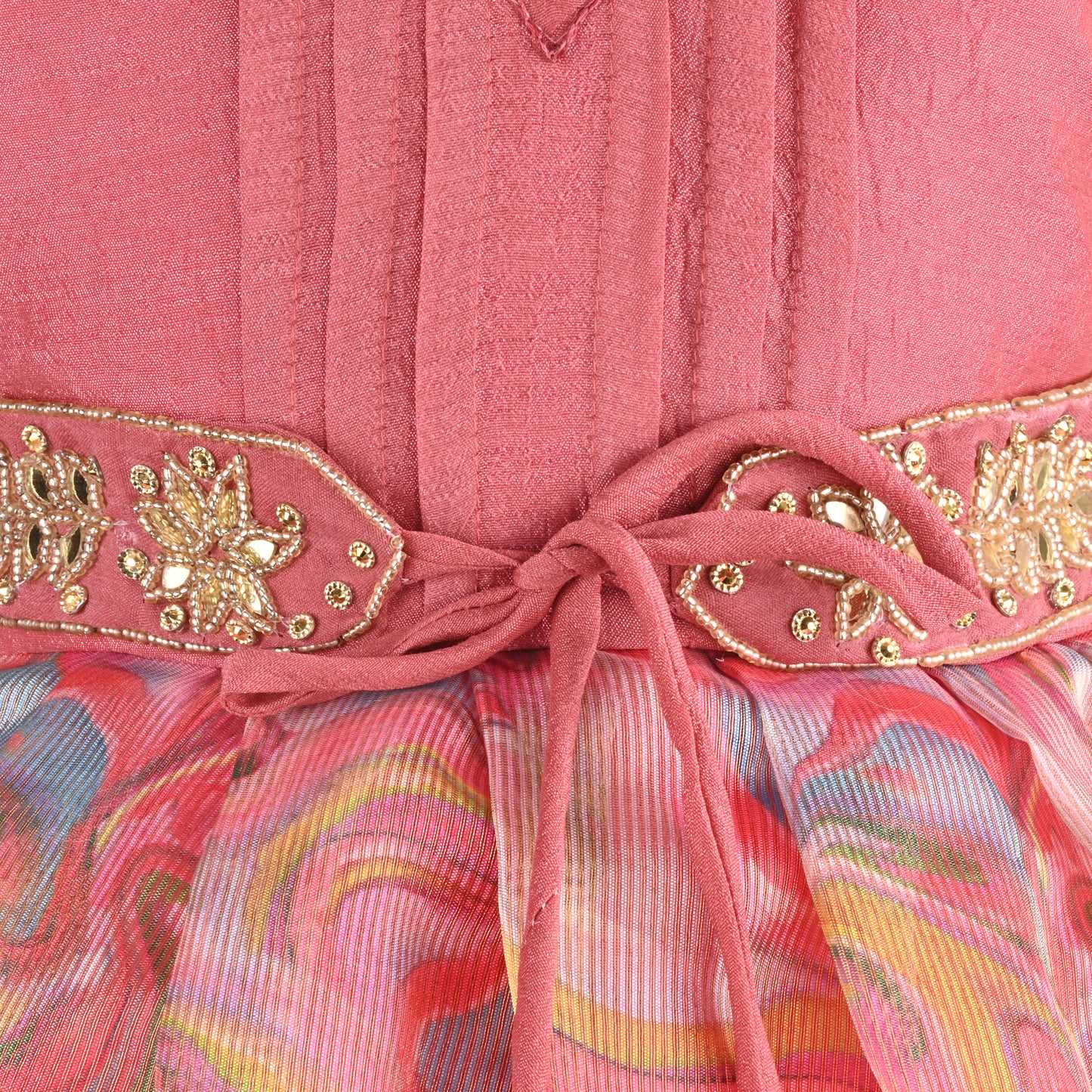 Girls Floral Bead Embellished Puff Sleeve Ethnic Dress