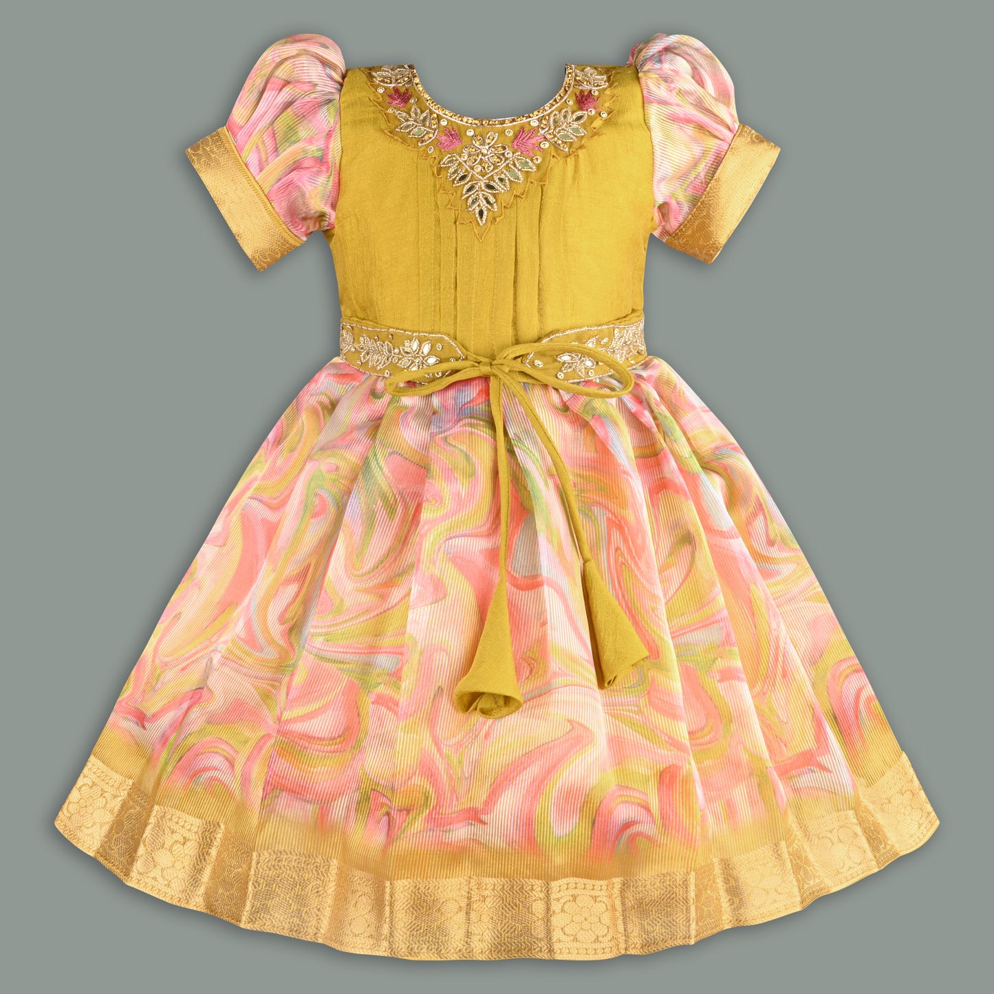 Girls Floral Bead Embellished Puff Sleeve Ethnic Dress
