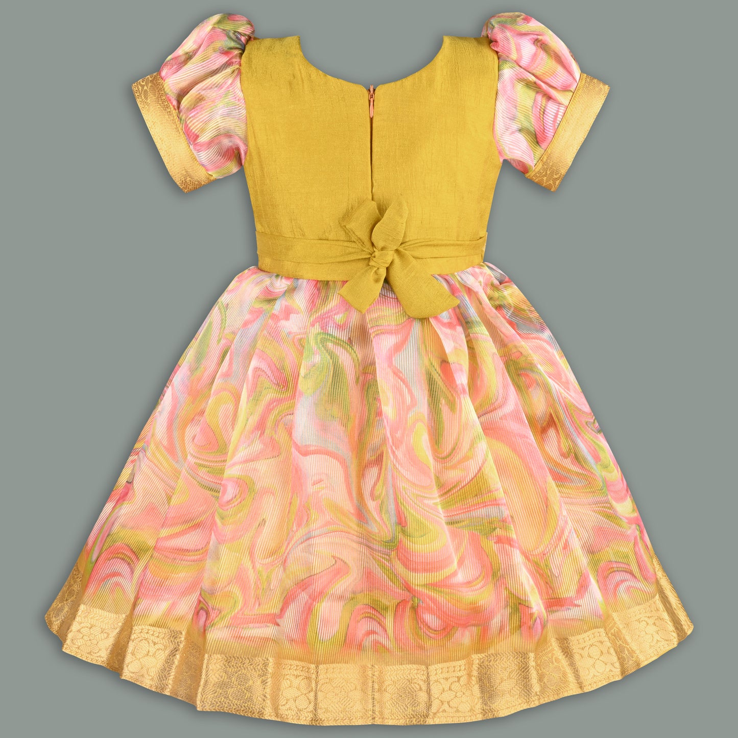 Girls Floral Bead Embellished Puff Sleeve Ethnic Dress