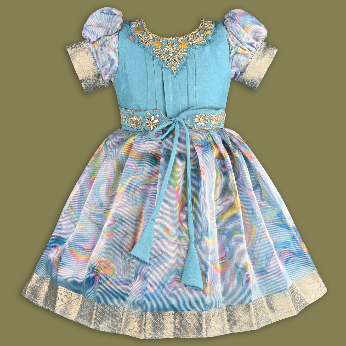 Girls Floral Bead Embellished Puff Sleeve Ethnic Dress