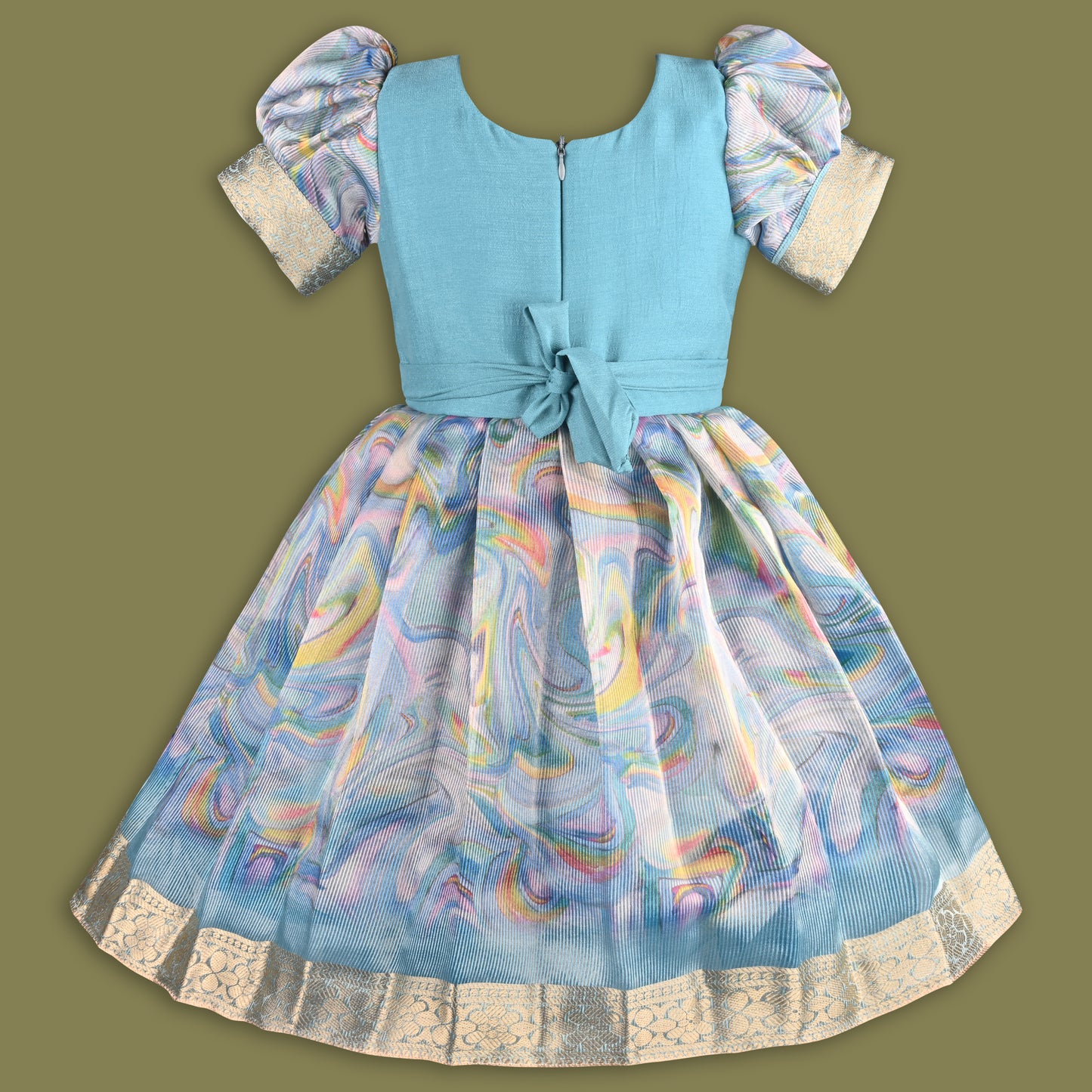 Girls Floral Bead Embellished Puff Sleeve Ethnic Dress