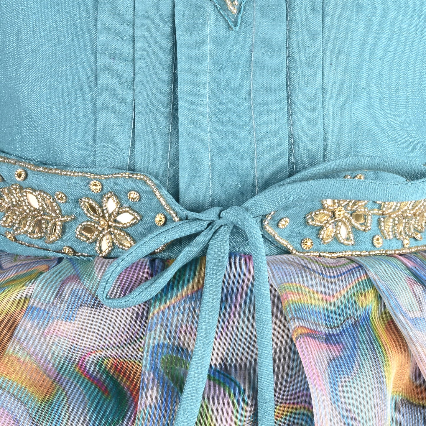 Girls Floral Bead Embellished Puff Sleeve Ethnic Dress