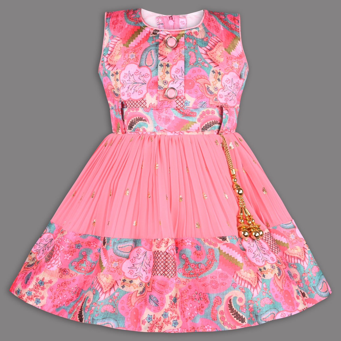 Girls Floral Design Sequin Flared Dress