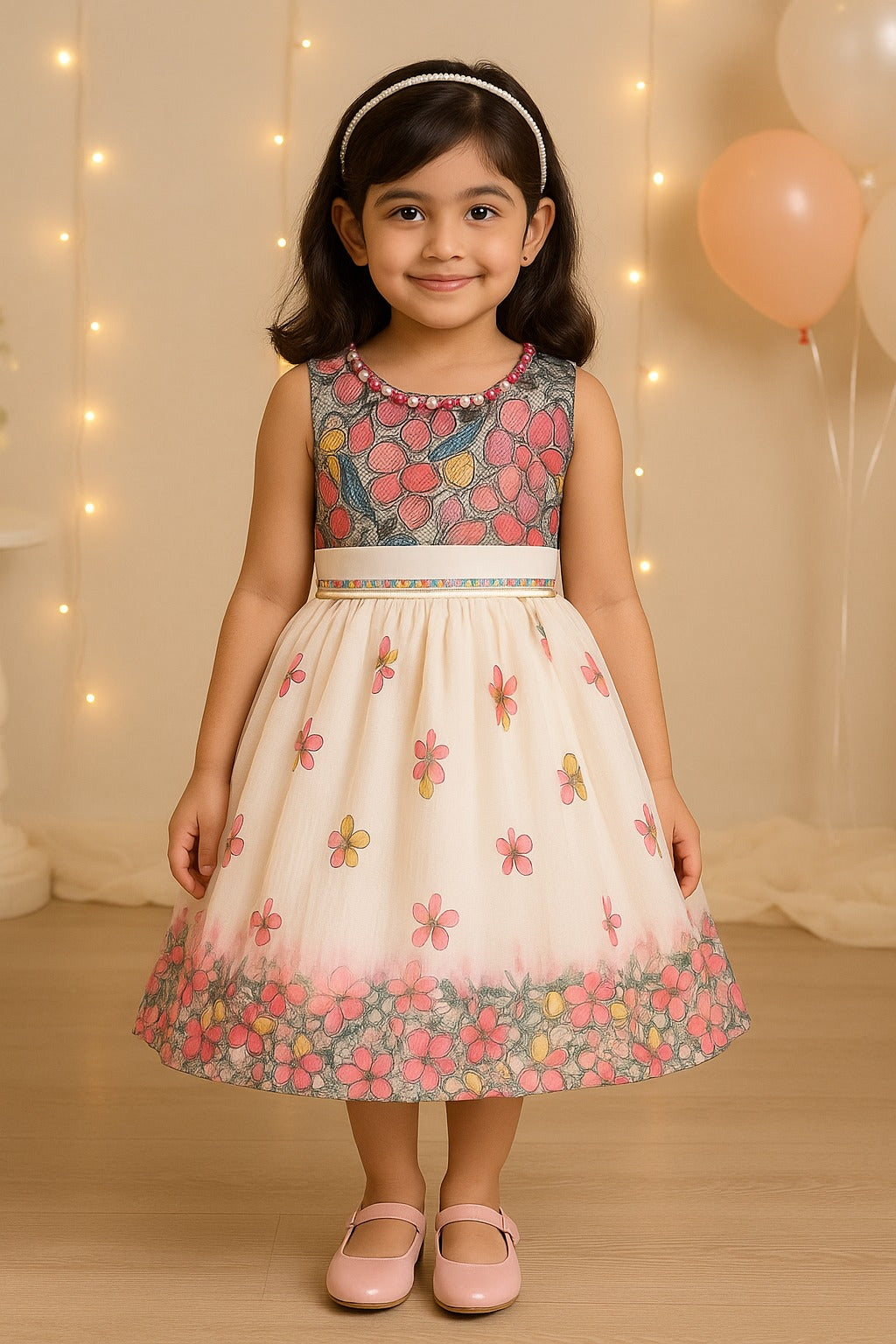 Girls Floral Print Bead Embellished Flared Party Dress