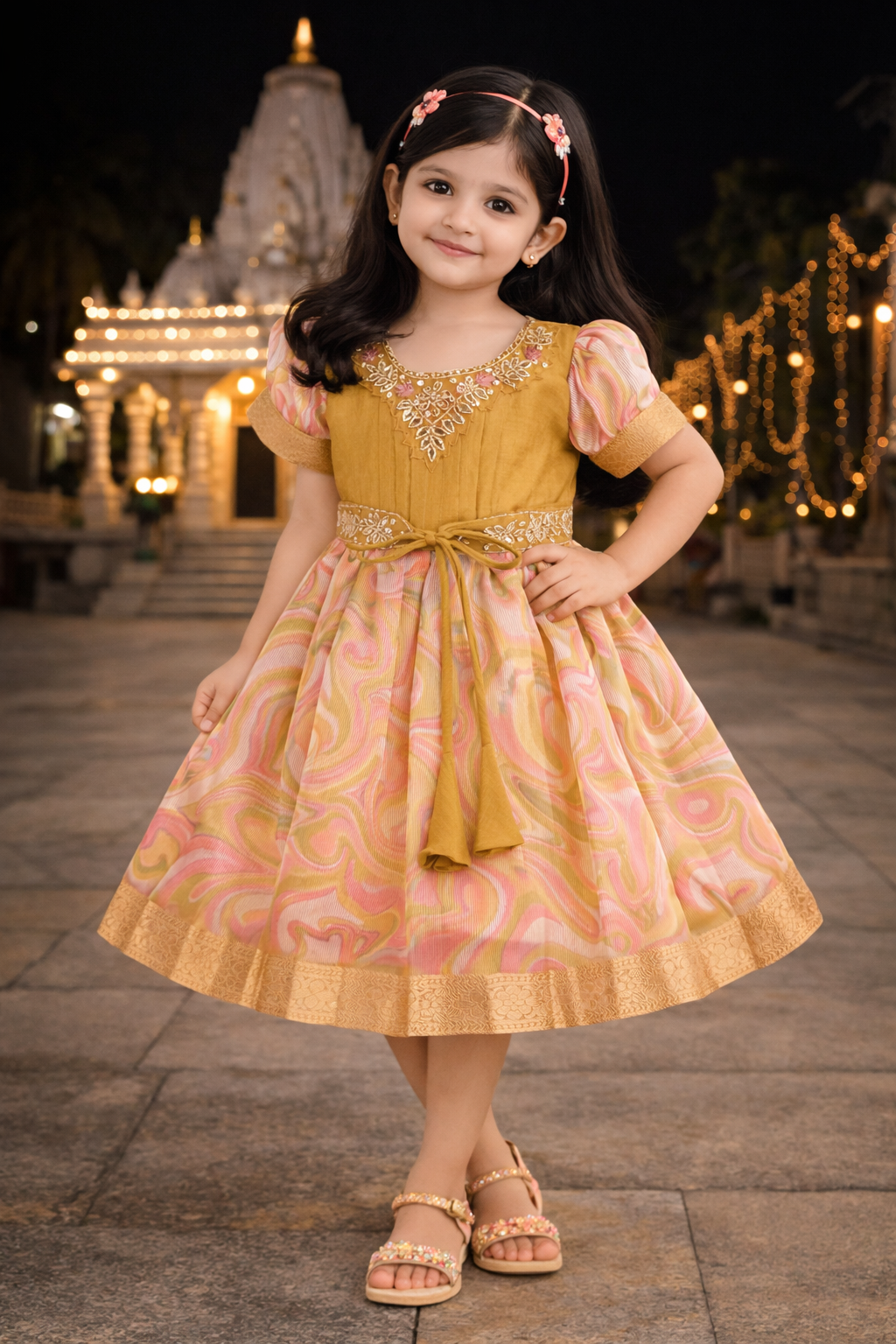 Girls Floral Bead Embellished Puff Sleeve Ethnic Dress -1