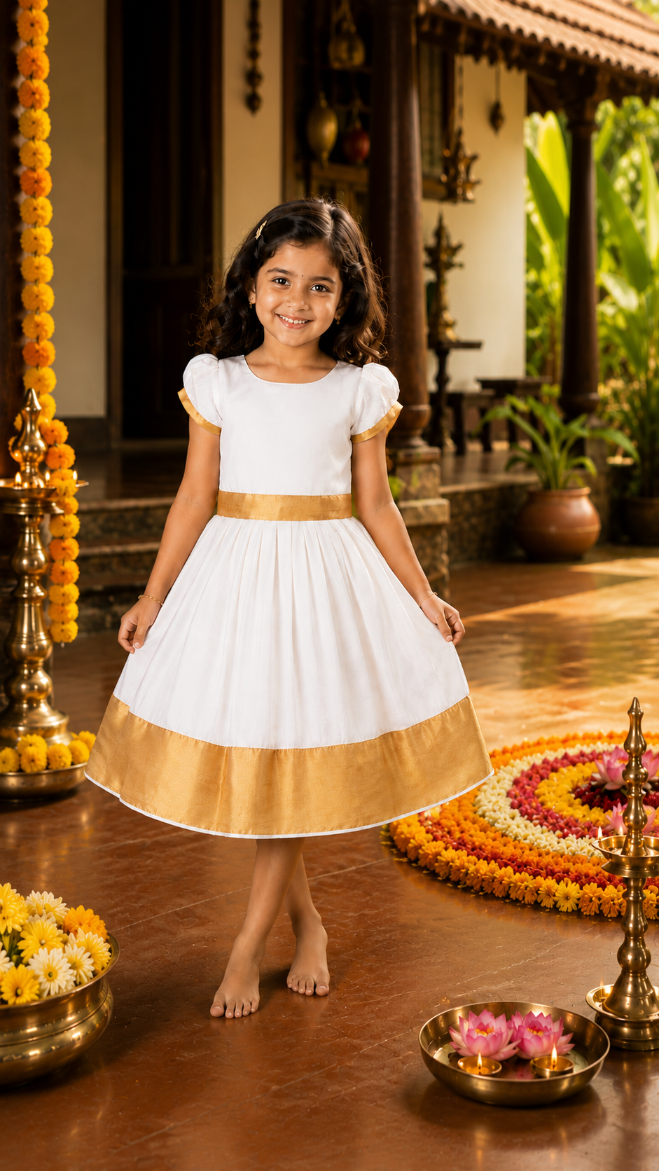Baby Girls Golden Zari Kasavu Pleated Onam Frock Dress