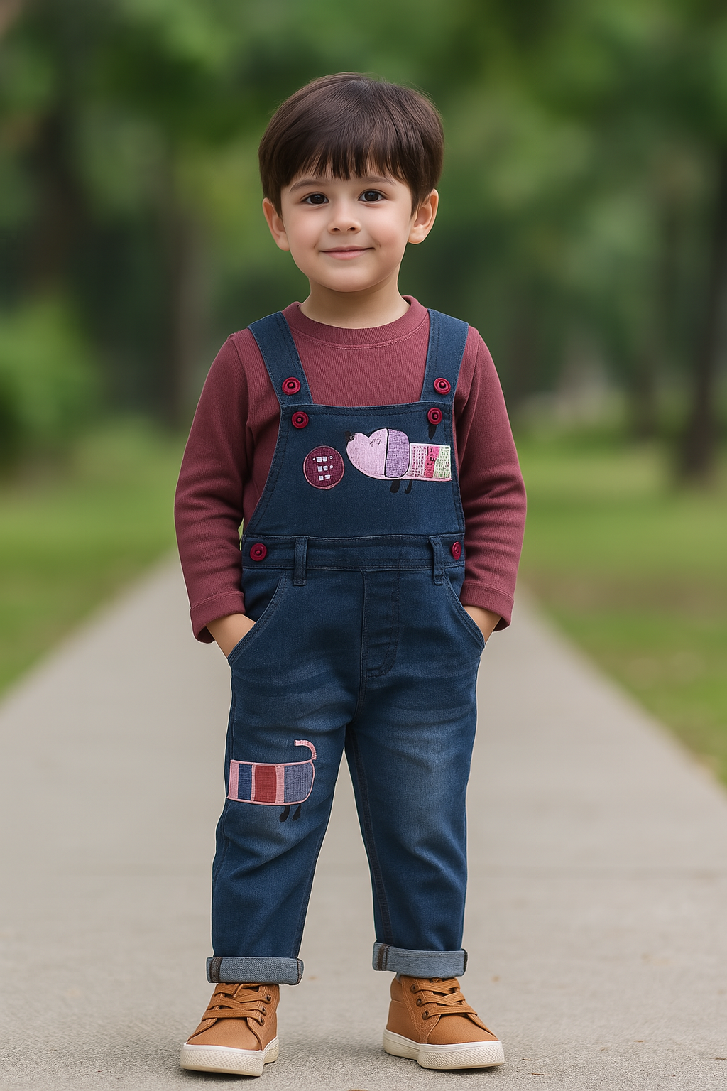 Boys Embroidered Cotton Tshirt Dungaree Set