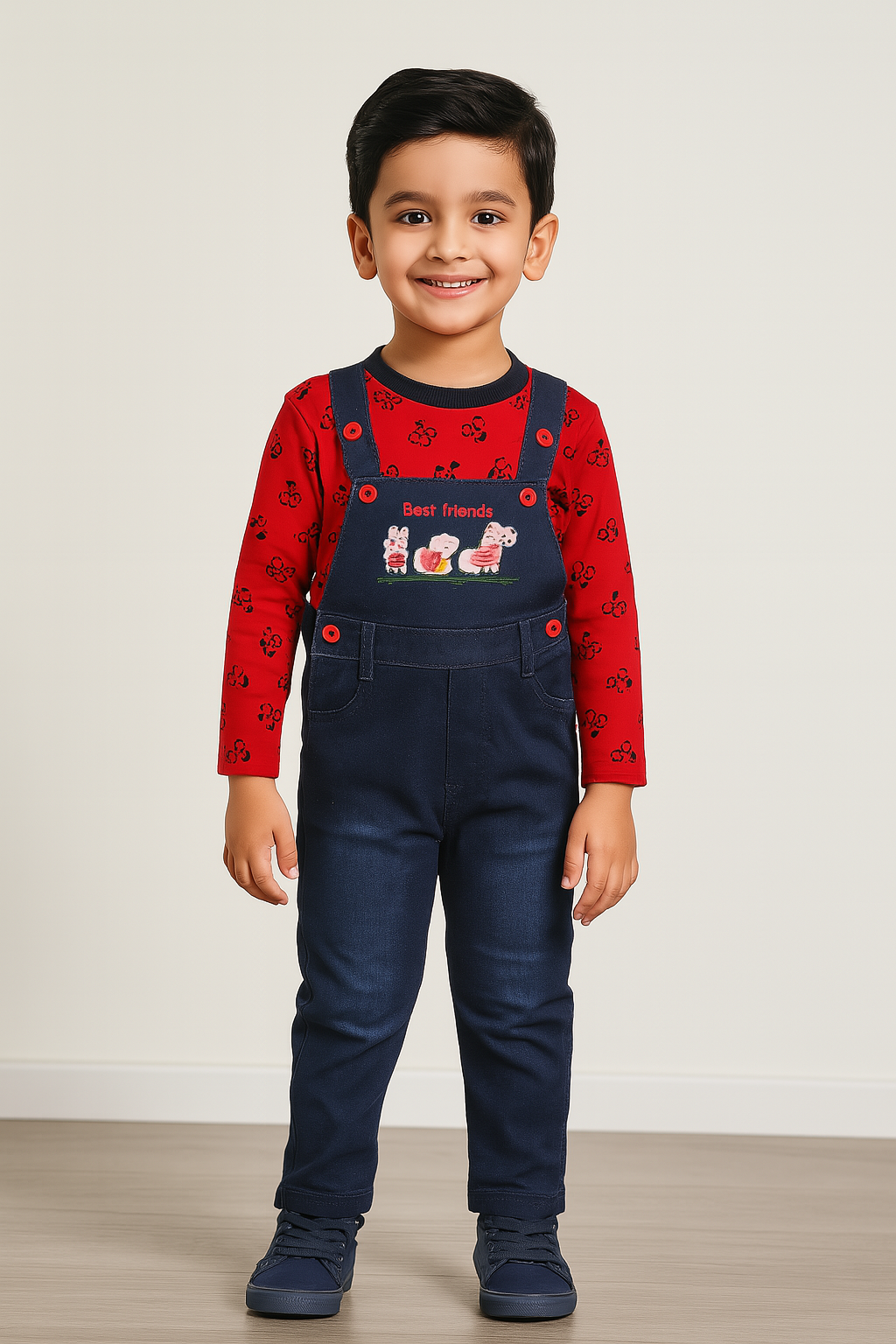 Boys Embroidered Cotton Tshirt Dungaree Set