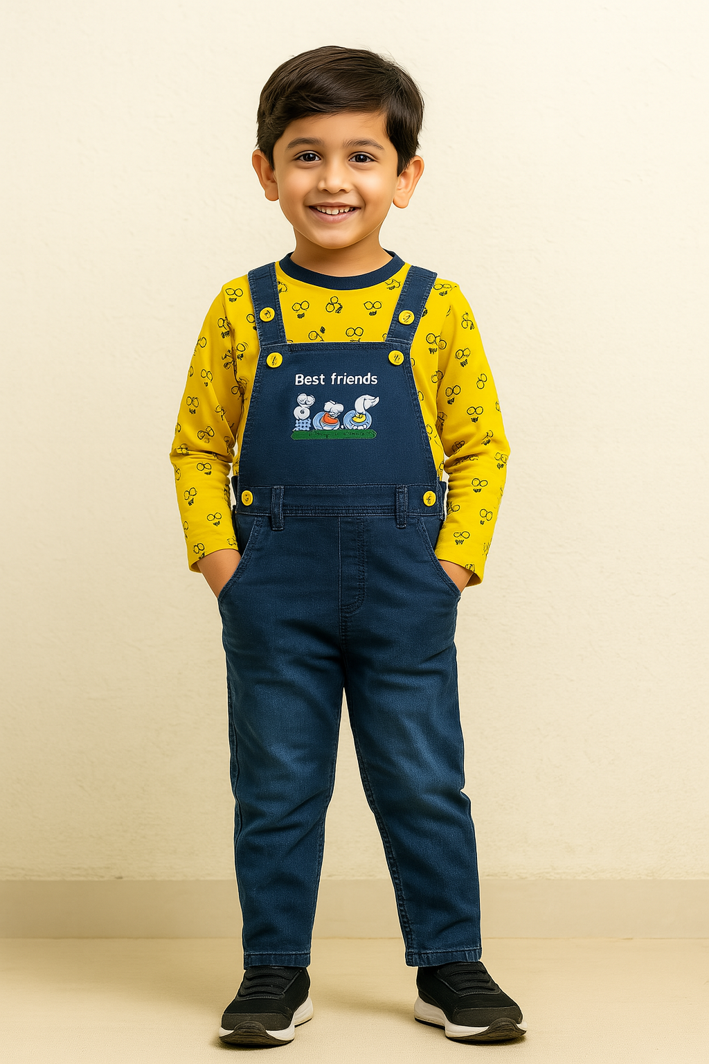 Boys Embroidered Cotton Tshirt Dungaree Set