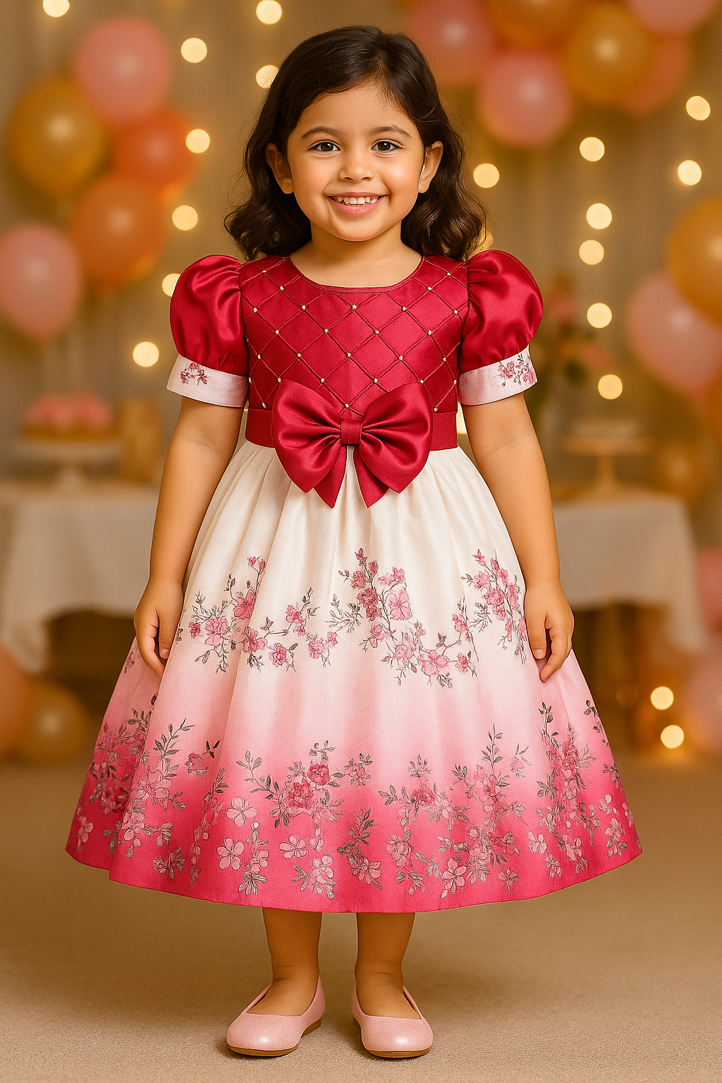 Girls Embellished Floral Print Pleated Party Dress