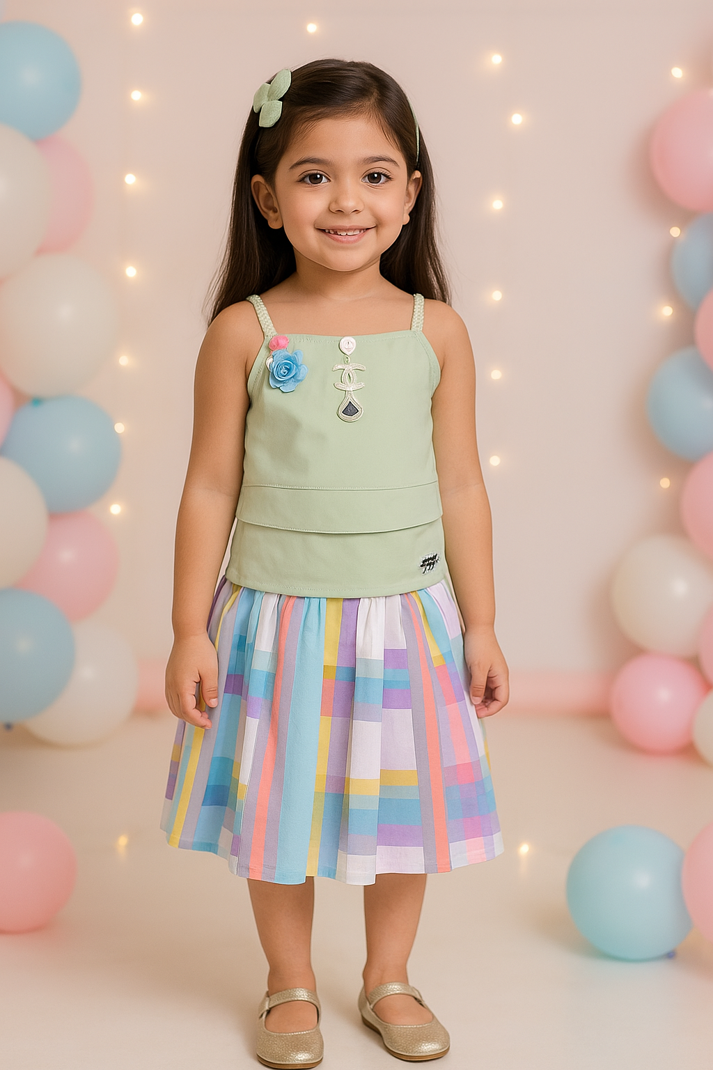Wish Karo Baby Girls Sage Green Layered Top & Striped Skirt Set