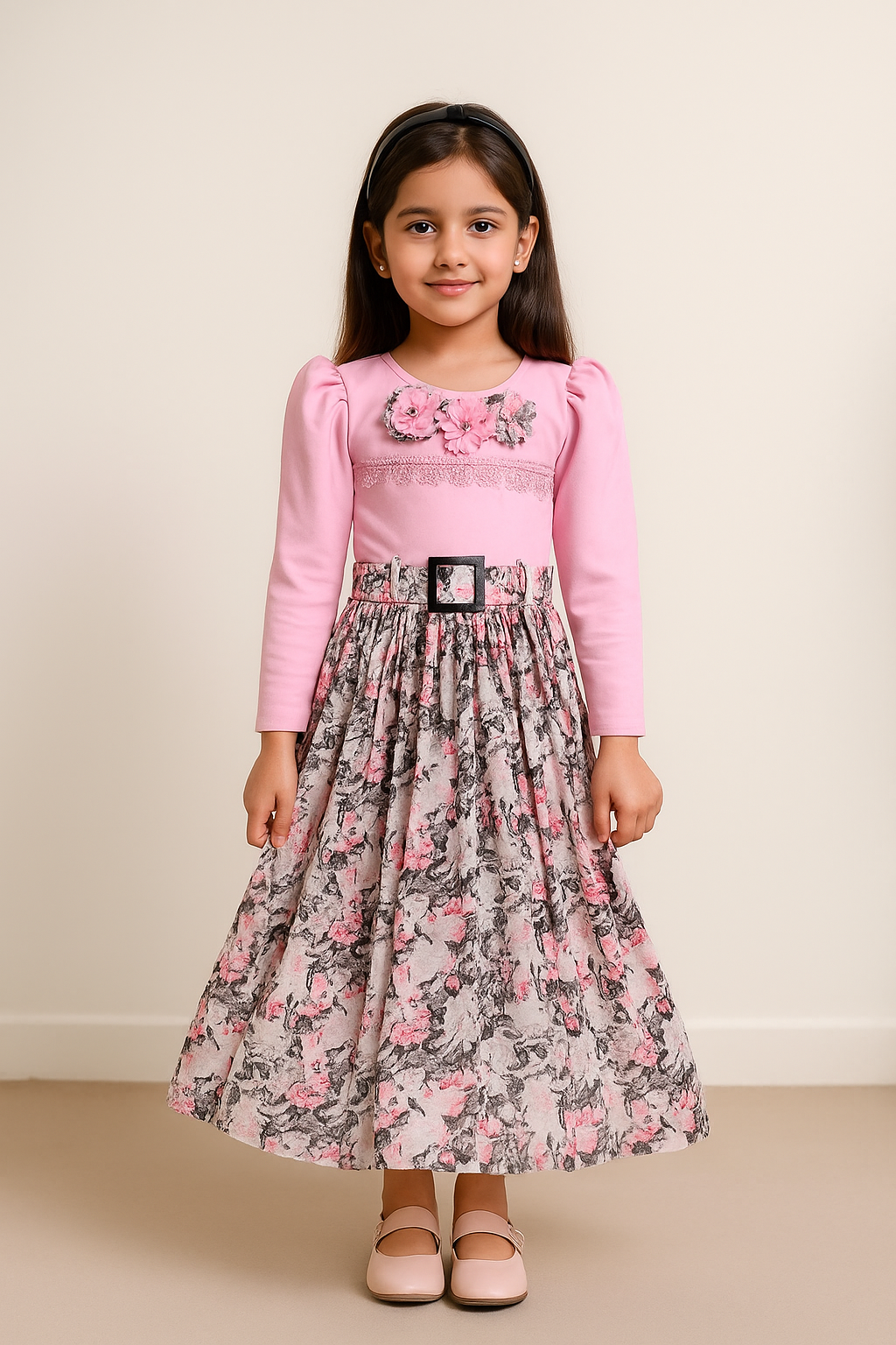 Girls Floral Pleated Casual Dress with Belt