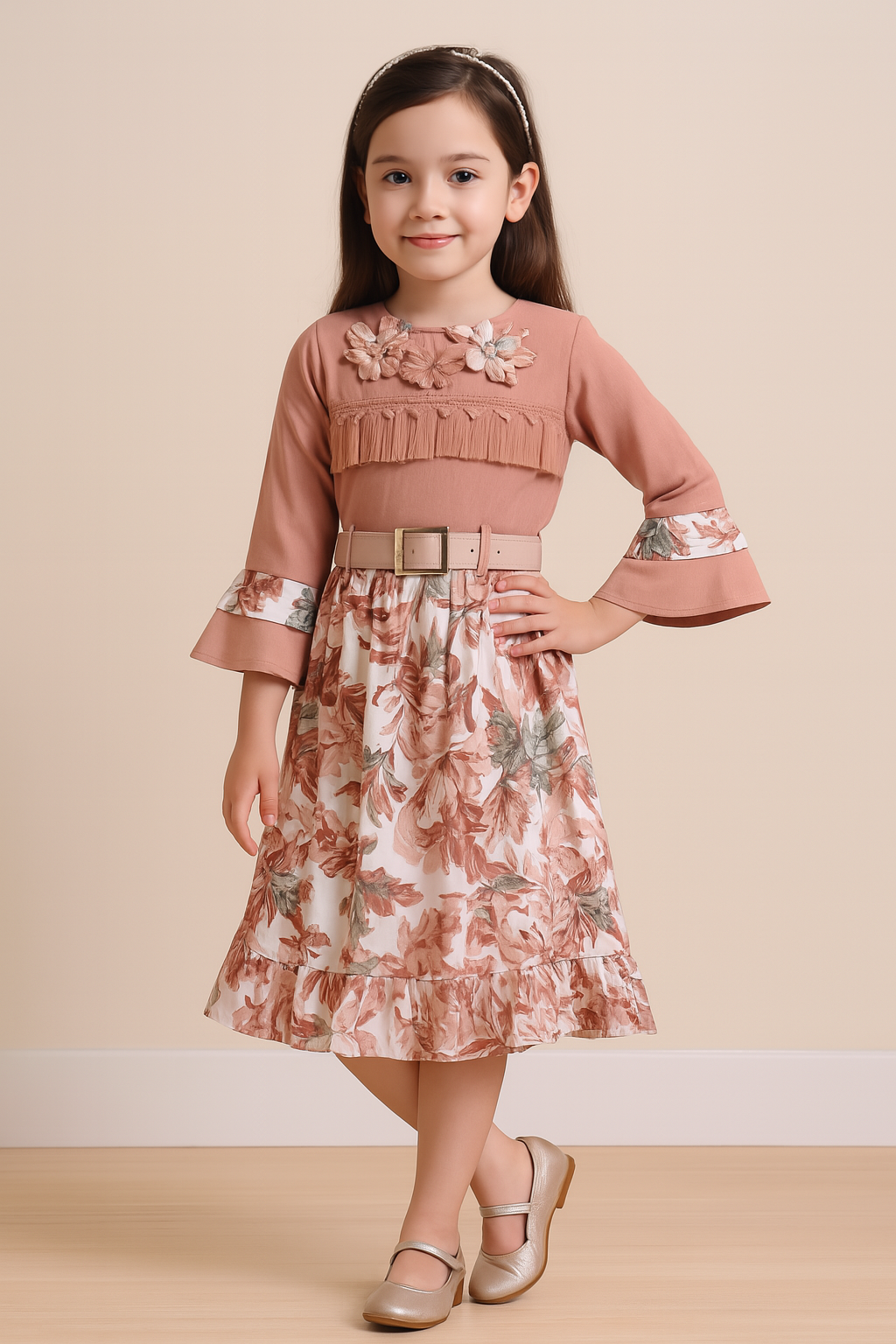 Girls Printed Casual Dress with Bell Sleeves & Belt