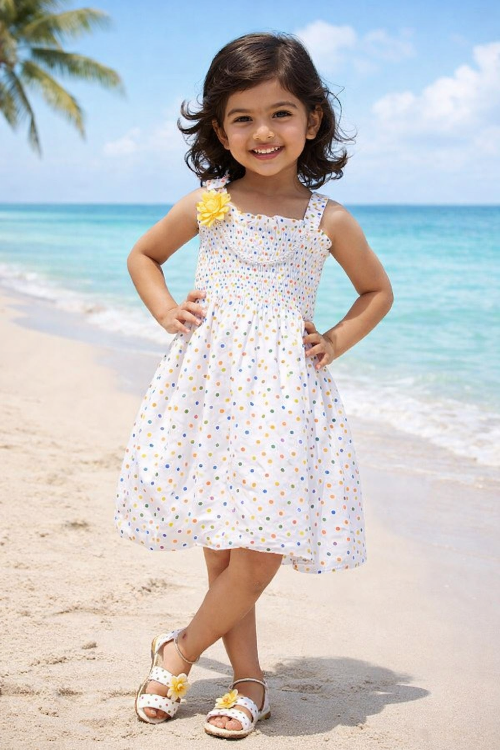 Girls Polka Print Cotton Smocking Casual Dress