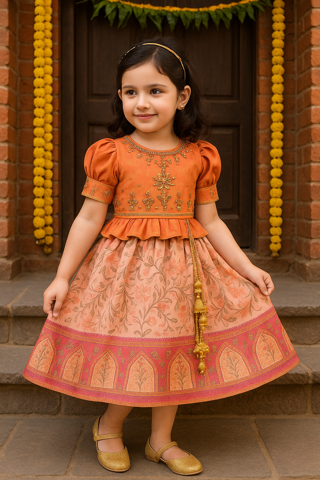 Girls Floral Art Silk with Puff Sleeves & Bead Work Festive Dress
